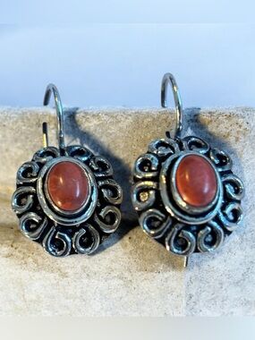Sterling Silver Coral Color Cabochon Quartz Earrings 1”